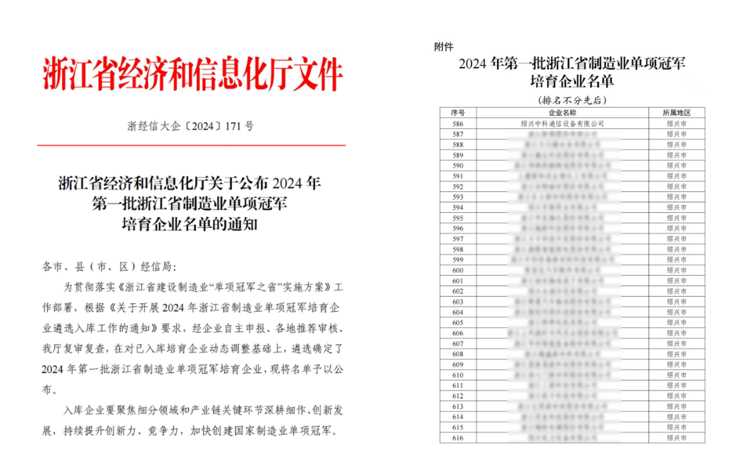 喜報 | 中科通信成功入選浙江省制造業(yè)單項冠軍培育企業(yè)